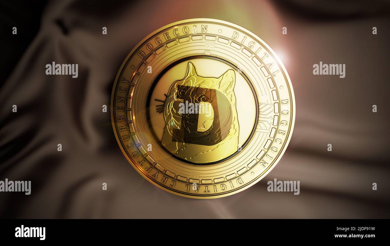 Doge coin on the brown sateen background. Decentralized digital cryptocurrency symbol. 3D illustration. Stock Photo