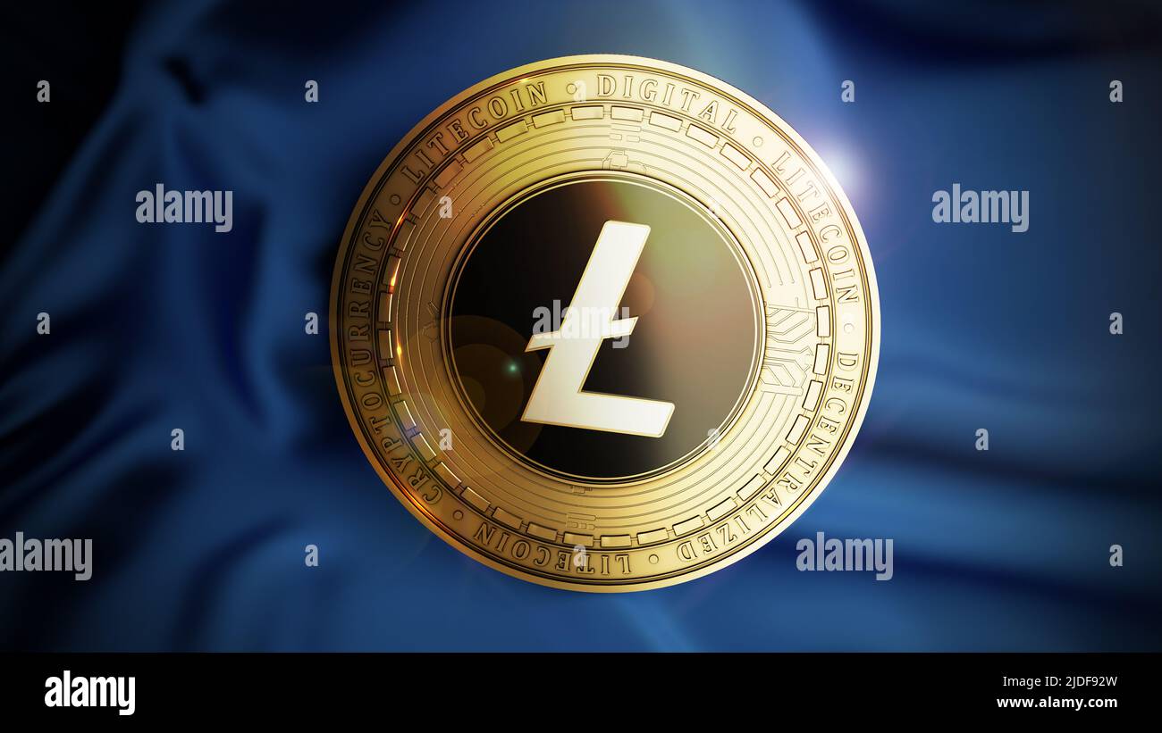 Litecoin on the blue sateen background. Decentralized digital cryptocurrency symbol. 3D illustration. Stock Photo