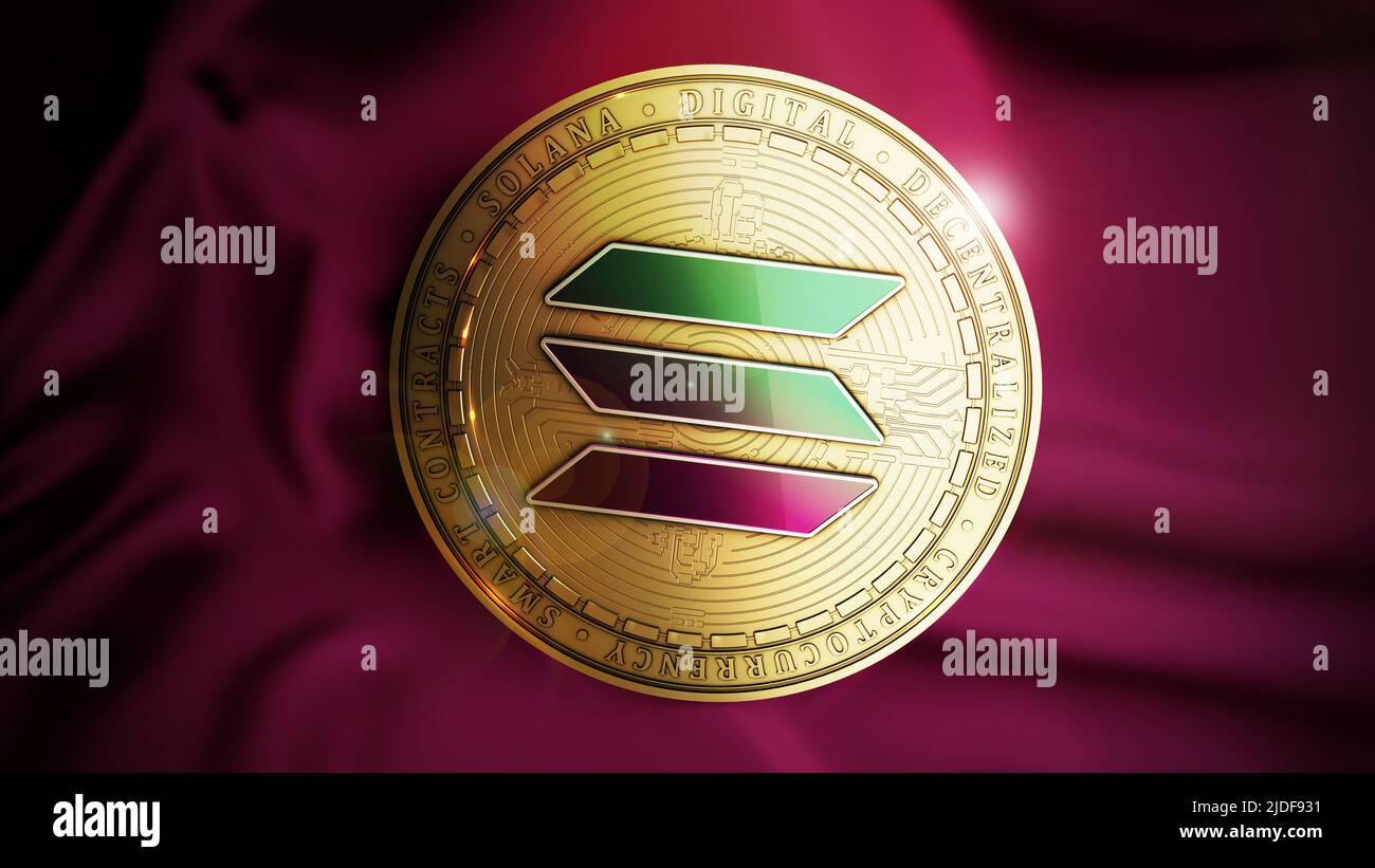 Solana coin on the red sateen background. Decentralized digital cryptocurrency symbol. 3D illustration. Stock Photo