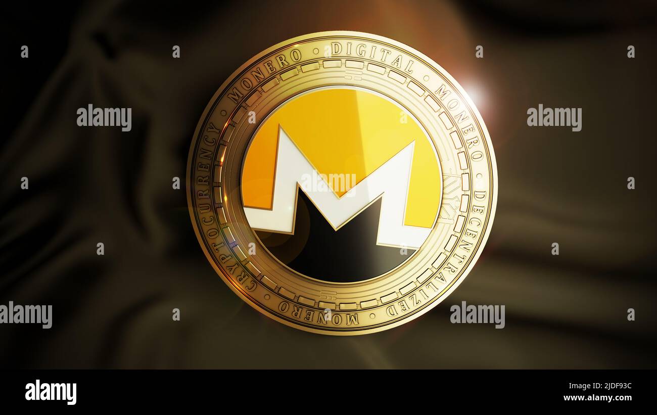 Monero coin on the dark sateen background. Decentralized digital cryptocurrency symbol. 3D illustration. Stock Photo