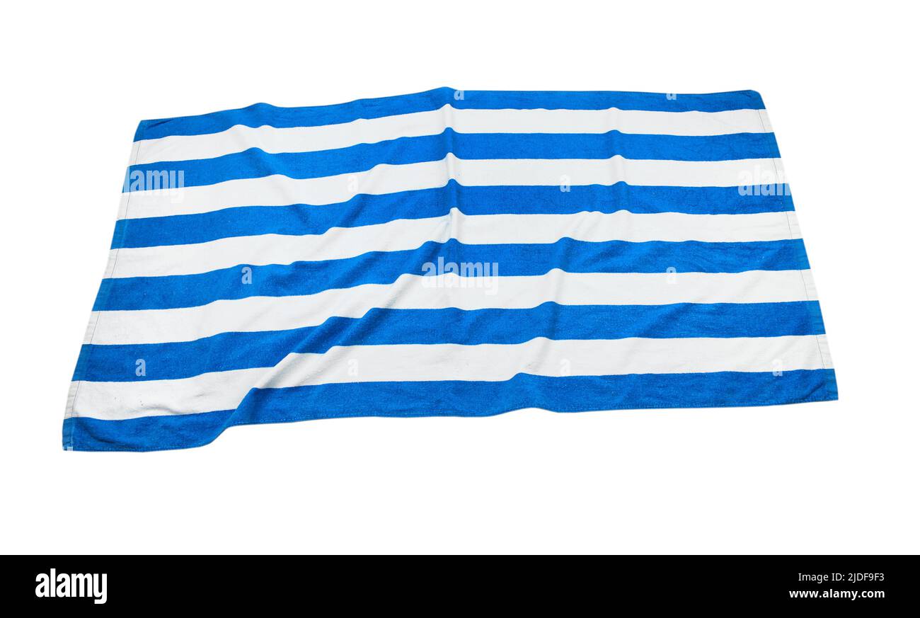 Beach stripped blue empty towel  isolated on white. Stock Photo