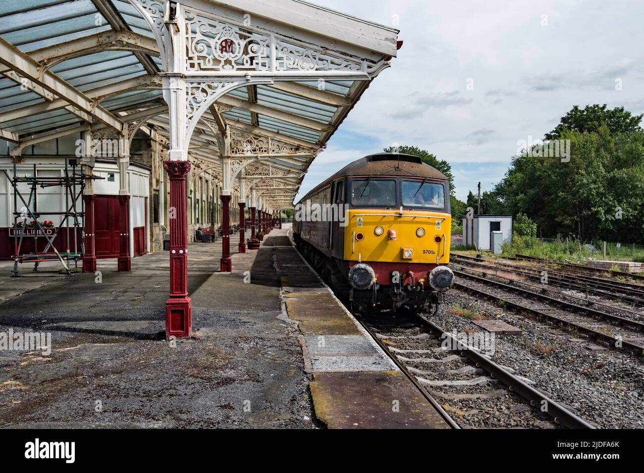 British rail class 57 diesel locomotive passing through hellifield in