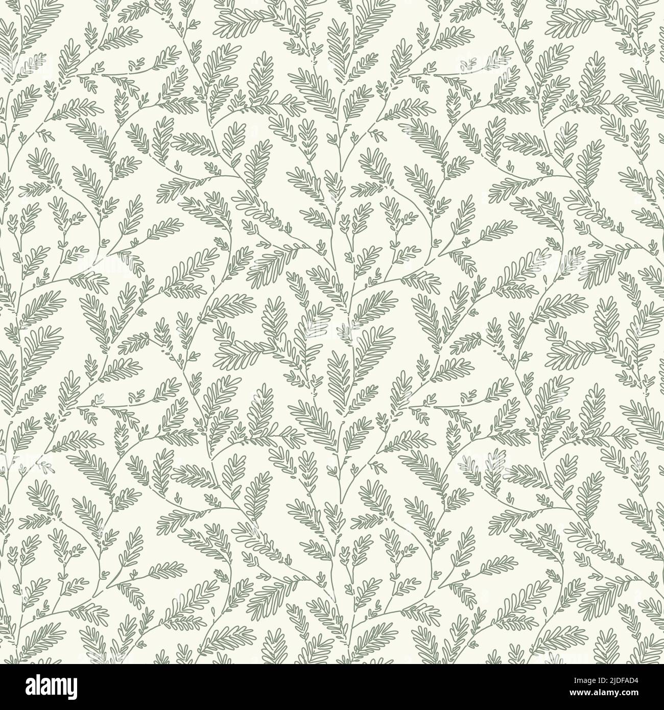 Seamless vector green sage color line leaf and twig pattern on beige background. Hand drawn floral botanical wallpaper. Stock Vector