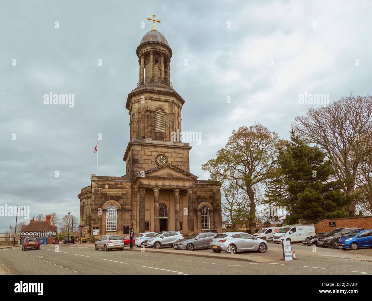 St Chads church in Shrewsbury, provides a distinctive landmark in the town. It is the church where Charles Darwin was baptised in 1809. Stock Photo
