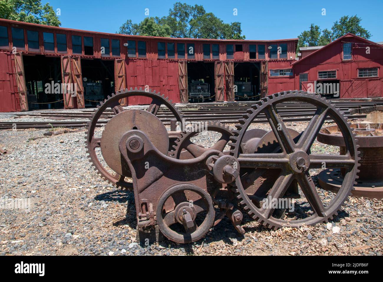 Railtown 1897 State Park showcases functioning trains for tourists in Jamestown, CA. Stock Photo