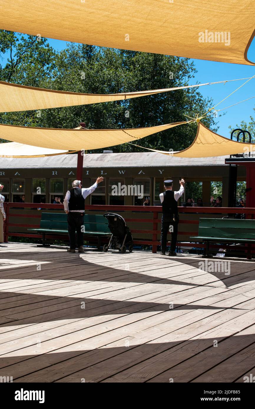 Railtown 1897 State Park showcases functioning trains for tourists in Jamestown, CA. Stock Photo
