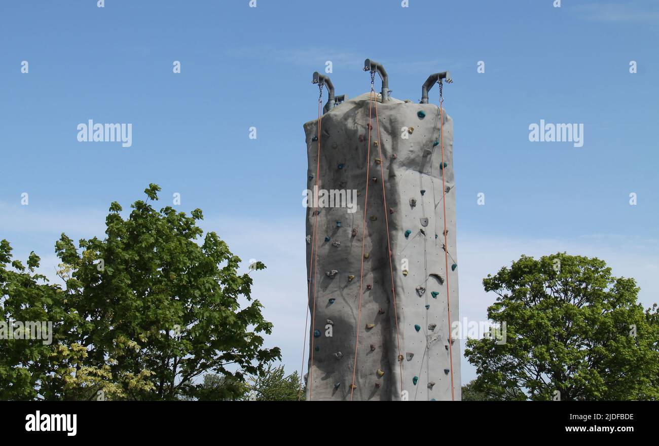 The Ropes and Holds of an Artificial Rock Climbing Wall. Stock Photo