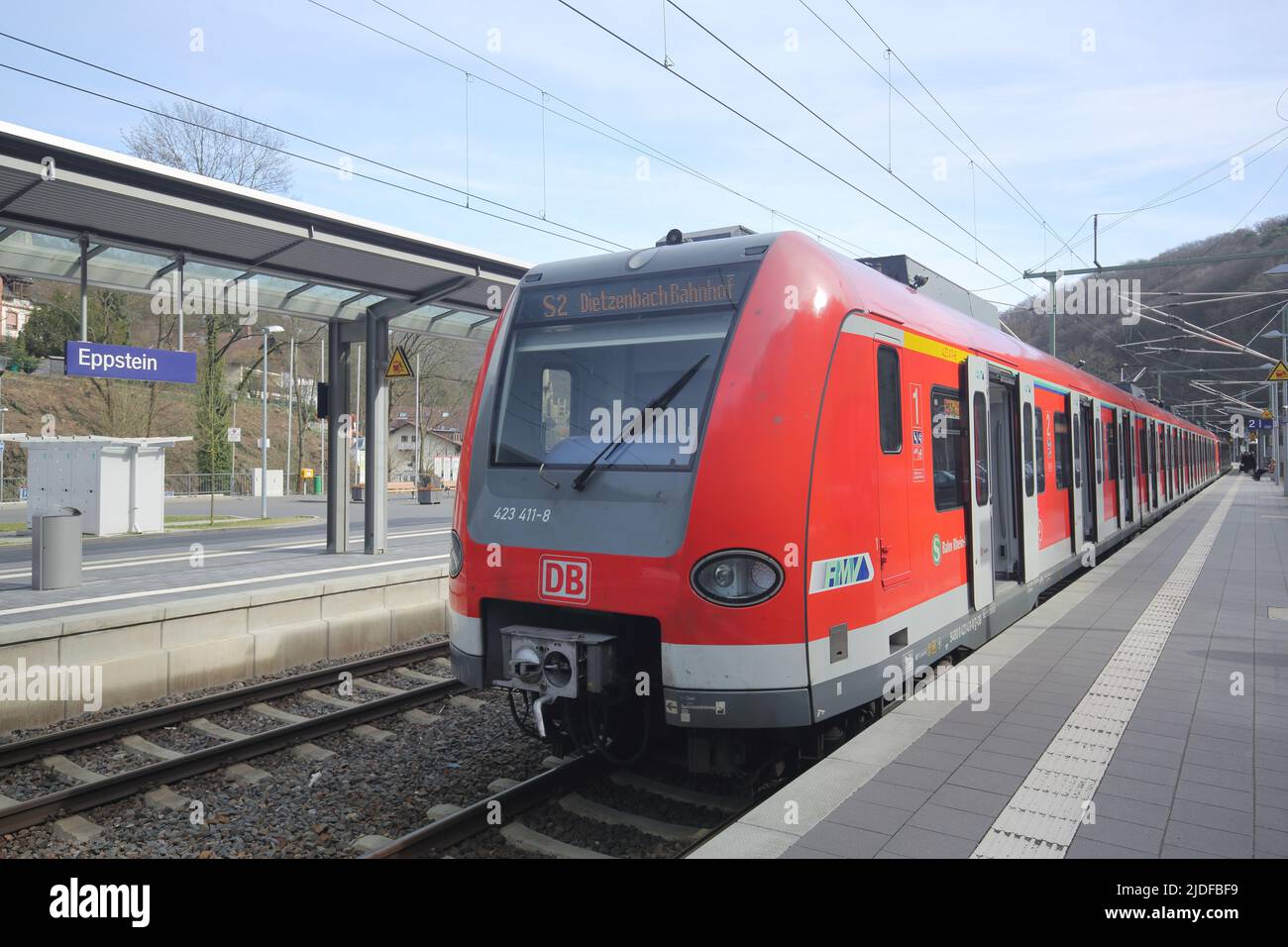 Railway station with S-Bahn train in Eppstein, Hesse, Germany Stock Photo