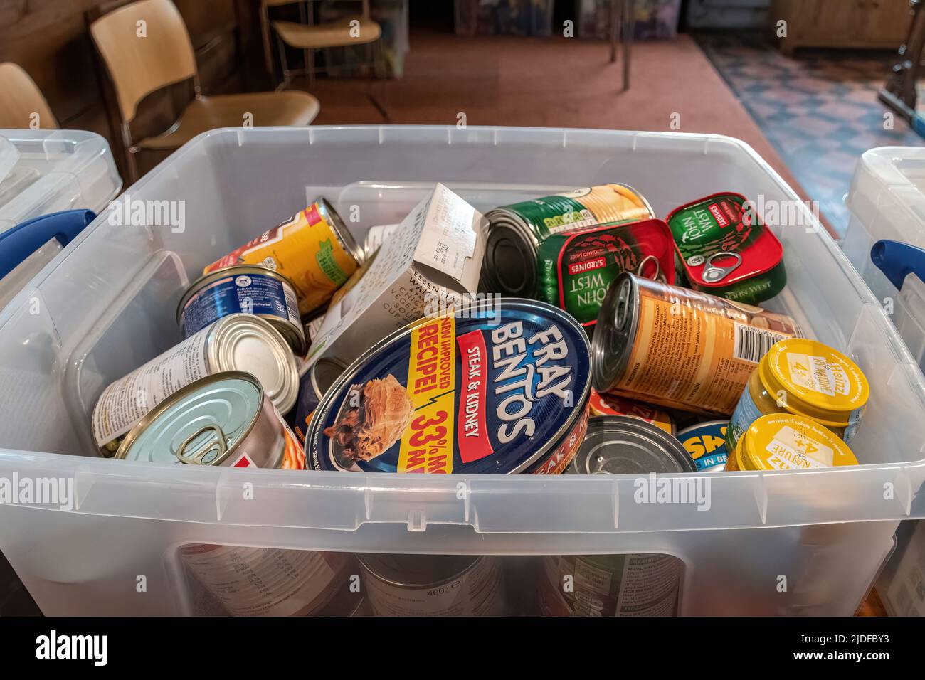 Food bank in a village church, Surrey, England, UK, to help people struggling with the cost of living crisis, 2022 Stock Photo