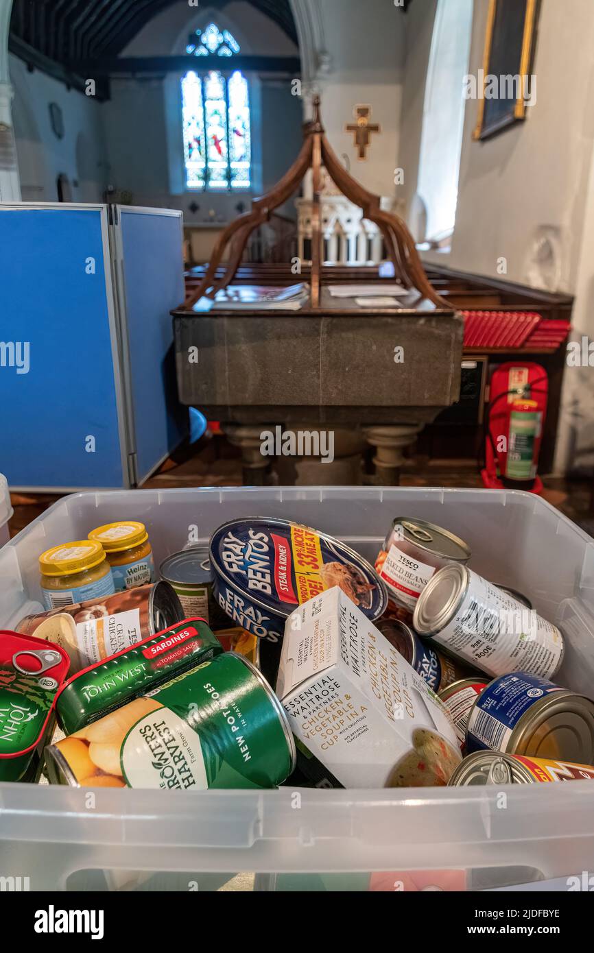 Food bank in a village church, Surrey, England, UK, to help people struggling with the cost of living crisis, 2022 Stock Photo