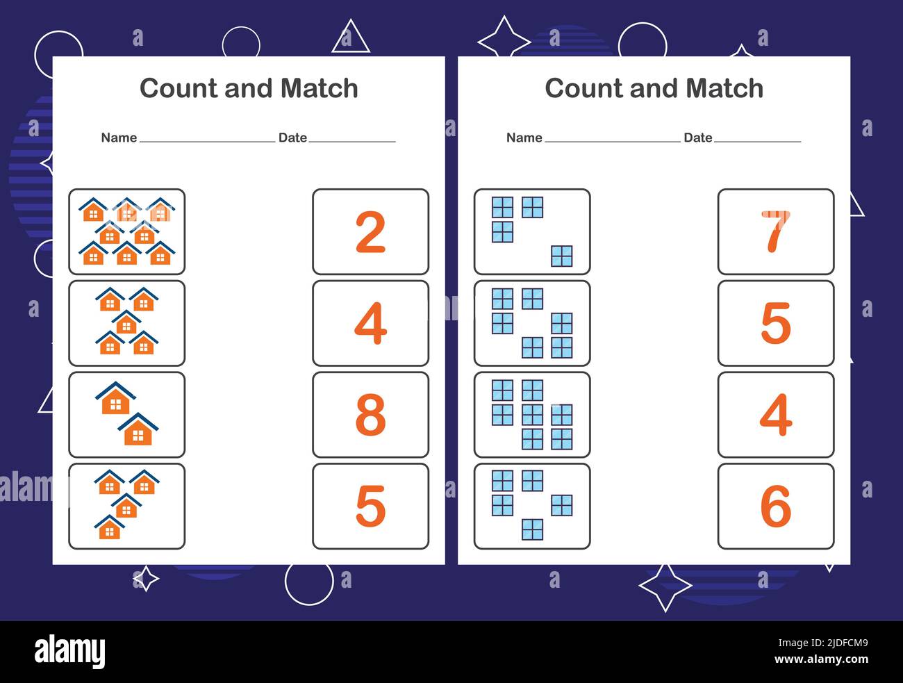 Count and Match worksheet for kids. Count and match with the correct number. Matching education game. Stock Vector