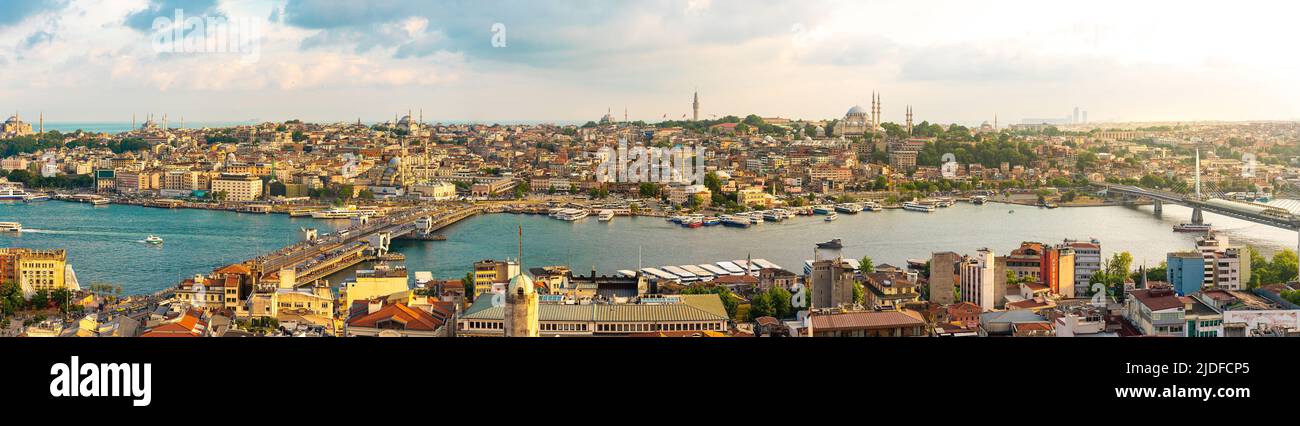 Istanbul skyline with Golden Horn strait at sunset Stock Photo