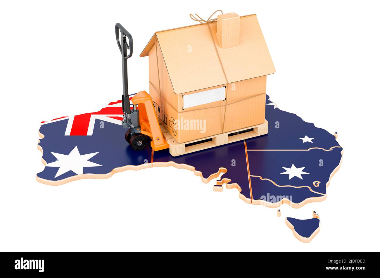 Residential moving service in Australia, concept. Hydraulic hand pallet truck with cardboard house parcel on Australian map, 3D rendering isolated on Stock Photo