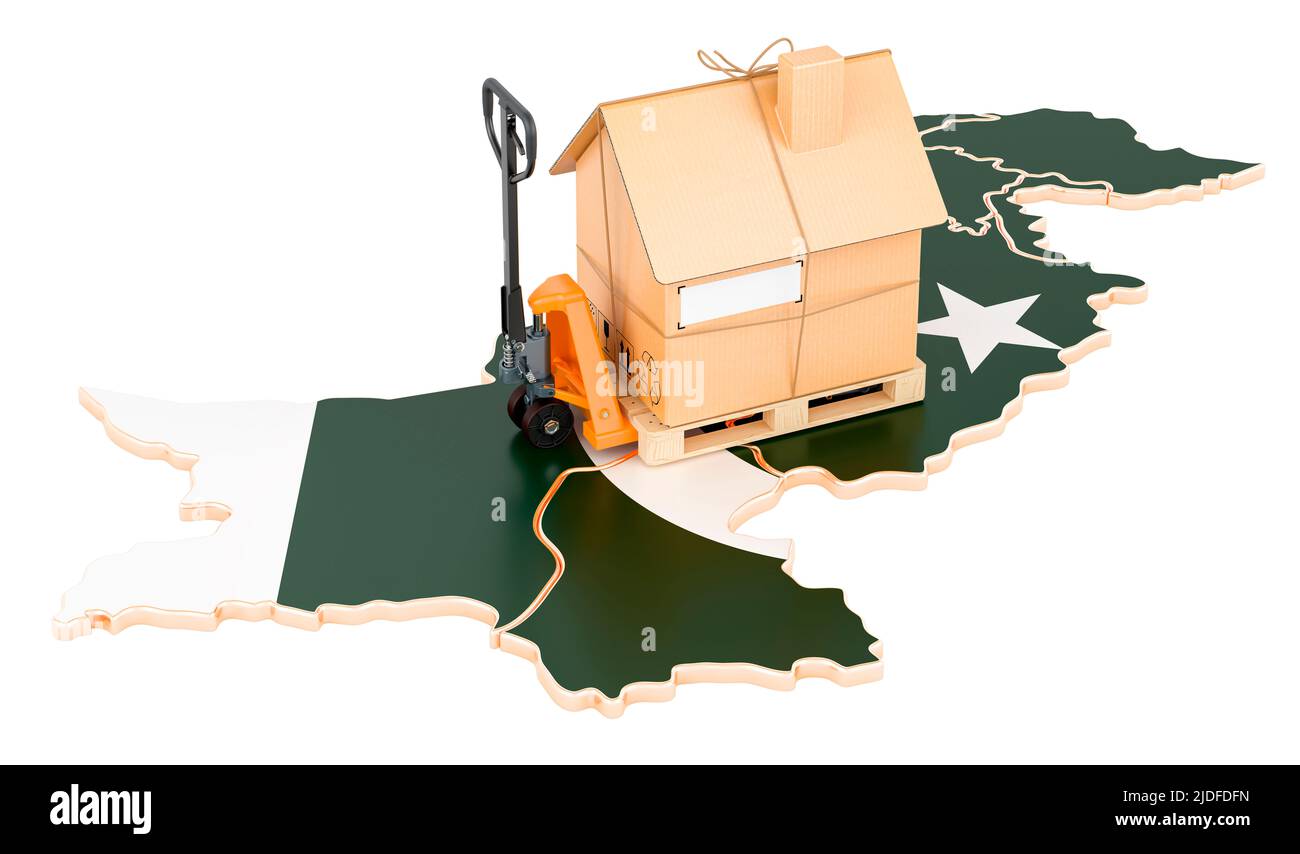 Residential moving service in Pakistan, concept. Hydraulic hand pallet truck with cardboard