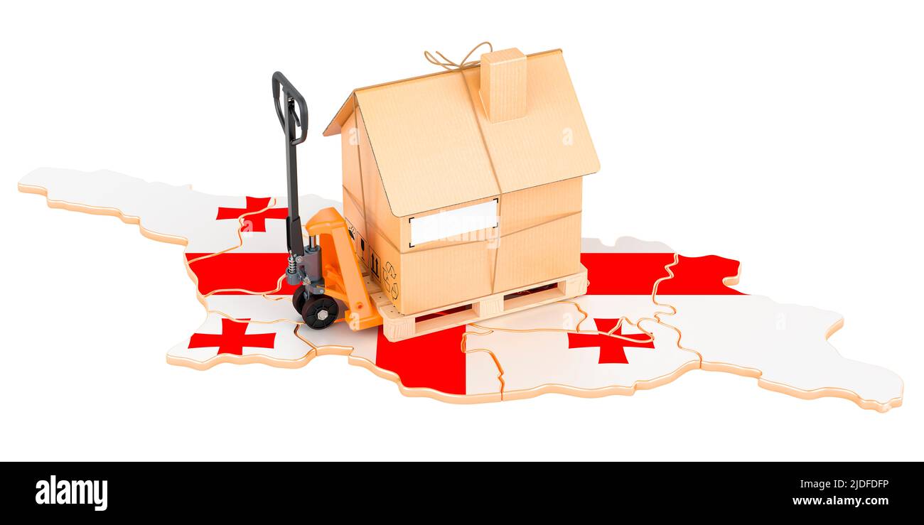 Residential moving service in Georgia, concept. Hydraulic hand pallet truck with cardboard house parcel on Georgian map, 3D rendering isolated on whit Stock Photo