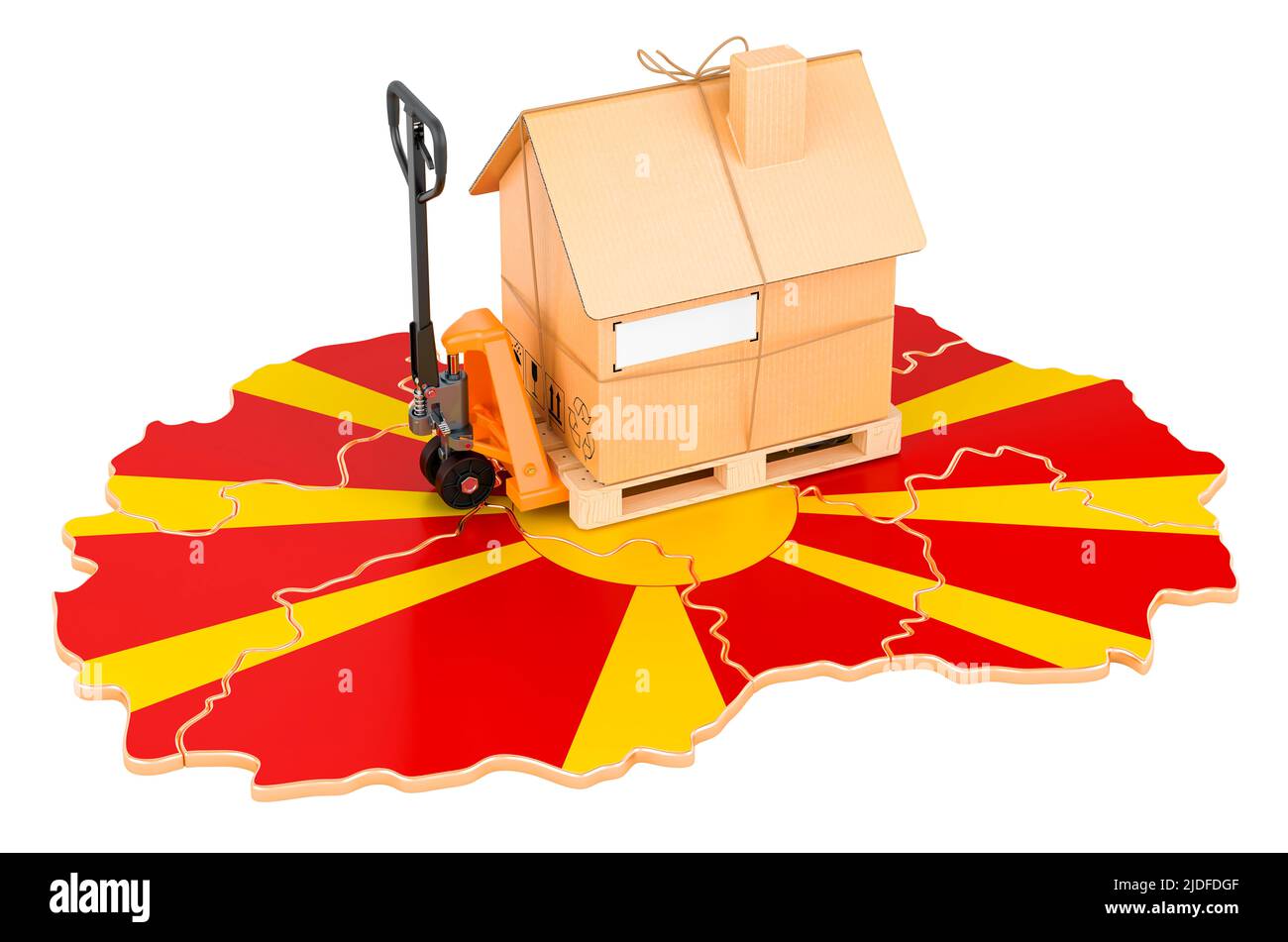 Residential moving service in Macedonia, concept. Hydraulic hand pallet truck with cardboard house parcel on Macedonian map, 3D rendering isolated on Stock Photo