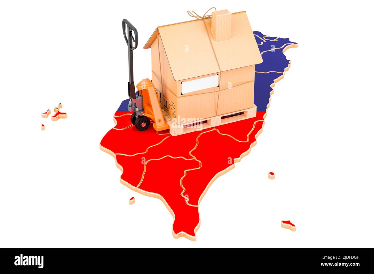 Residential moving service in Taiwan, concept. Hydraulic hand pallet