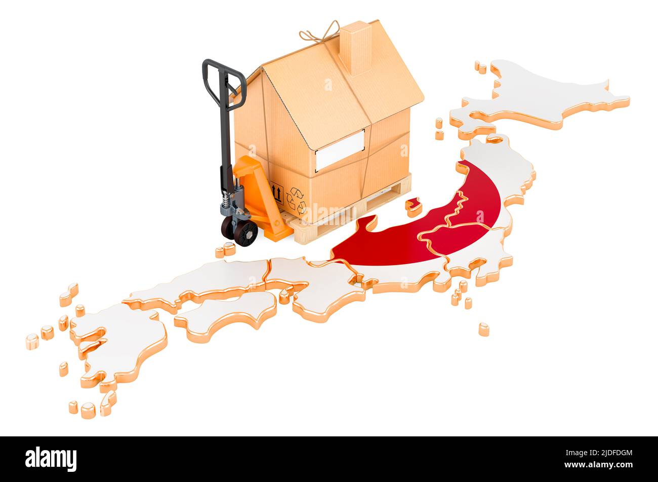 Residential moving service in Japan, concept. Hydraulic hand pallet truck with cardboard house parcel on Japanese map, 3D rendering isolated on white Stock Photo