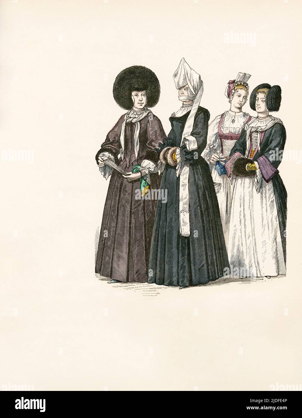 Women's Ceremonial Dress, Noblewoman in Mourning, Girl's Domestic Attire, Girl with 'Rose Cap', Switzerland (city of Zurich), Early 18th Century, Illustration, The History of Costume, Braun & Schneider, Munich, Germany, 1861-1880 Stock Photo