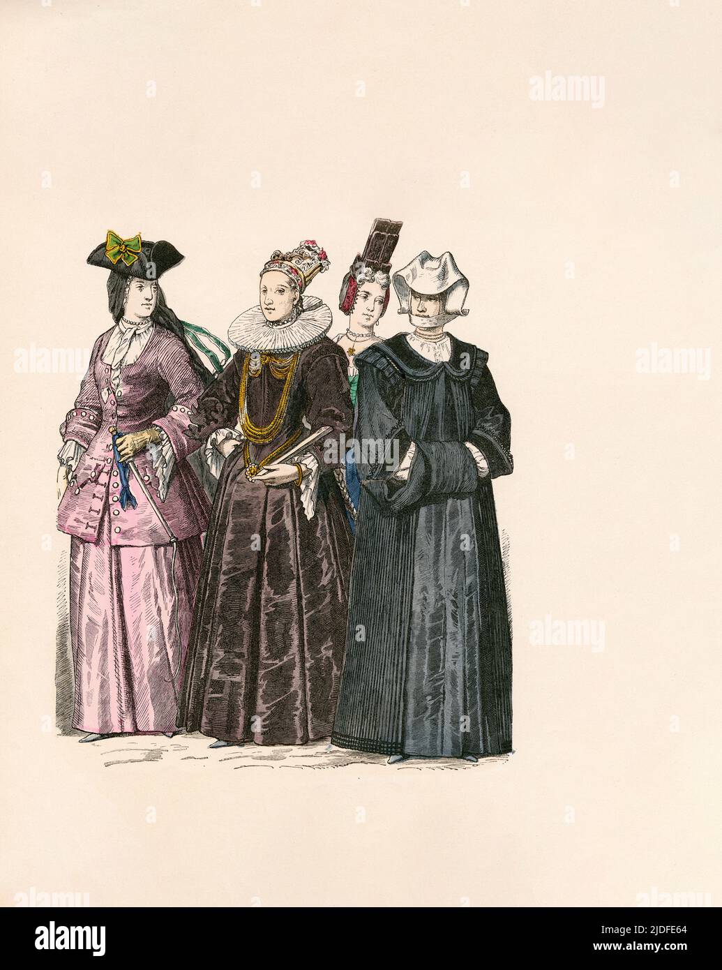 Riding Attire, also Worn at Weddings, Festive Middle-Class Women's Attire, Girl's and Women's Visiting Dress, Switzerland (city of Zurich), Early 18th Century, Illustration, The History of Costume, Braun & Schneider, Munich, Germany, 1861-1880 Stock Photo
