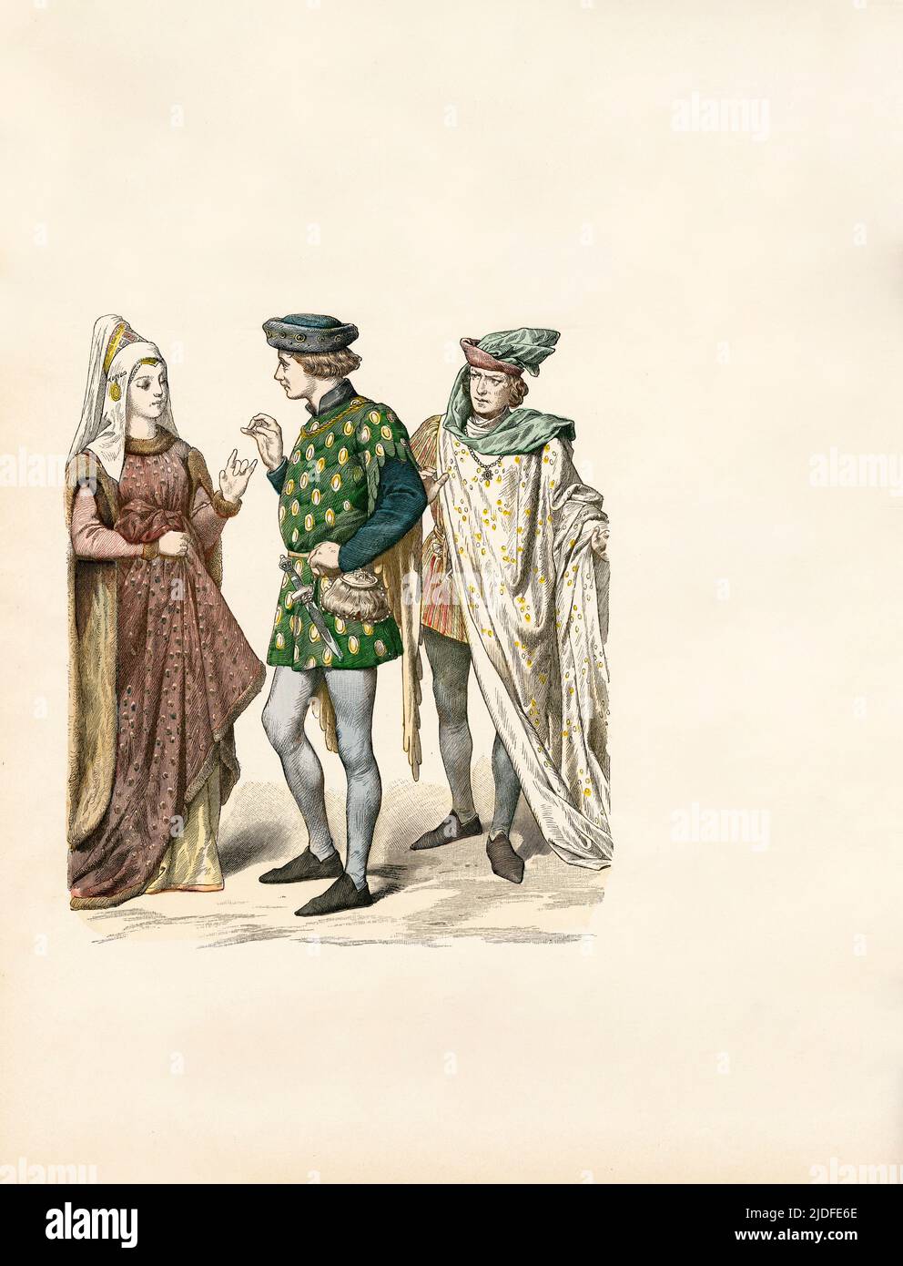 Woman with Two Men, England, 1st Third of 15th Century, Illustration, The History of Costume, Braun & Schneider, Munich, Germany, 1861-1880 Stock Photo