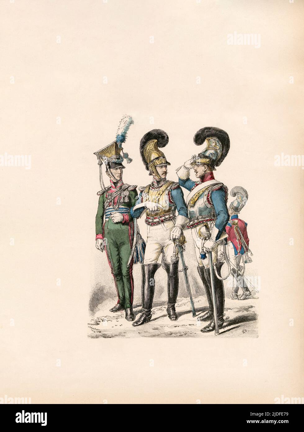 Bavarian Army, Uhlan Officer Garde du Corps, Officer in the Private 1814-1823, Cuirassier Garde du Corps, Trumpeter of Corps in Gala, Illustration, The History of Costume, Braun & Schneider, Munich, Germany, 1861-1880 Stock Photo