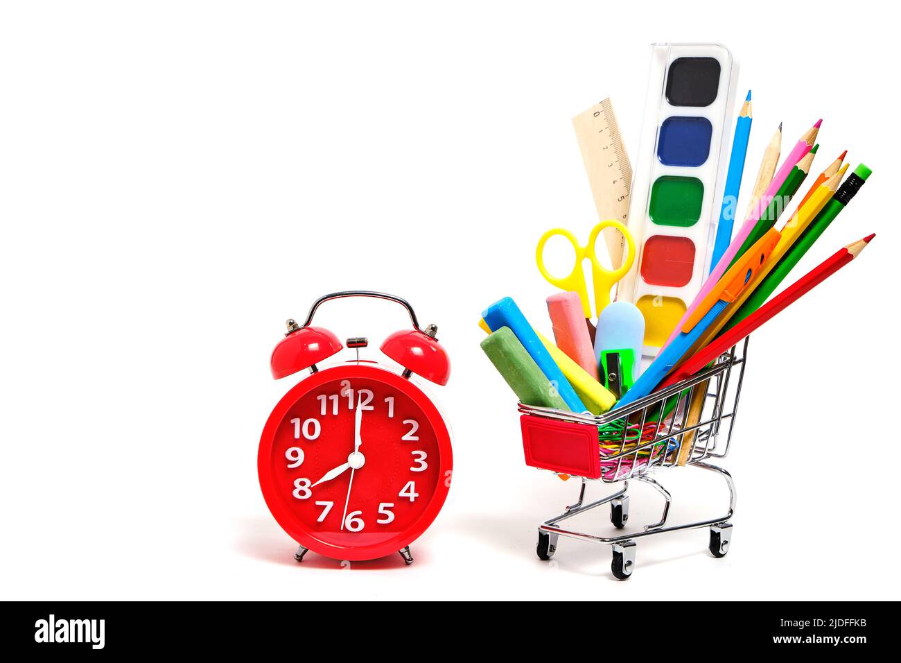 Shopping cart full school supplies and office supplies and red alarm
