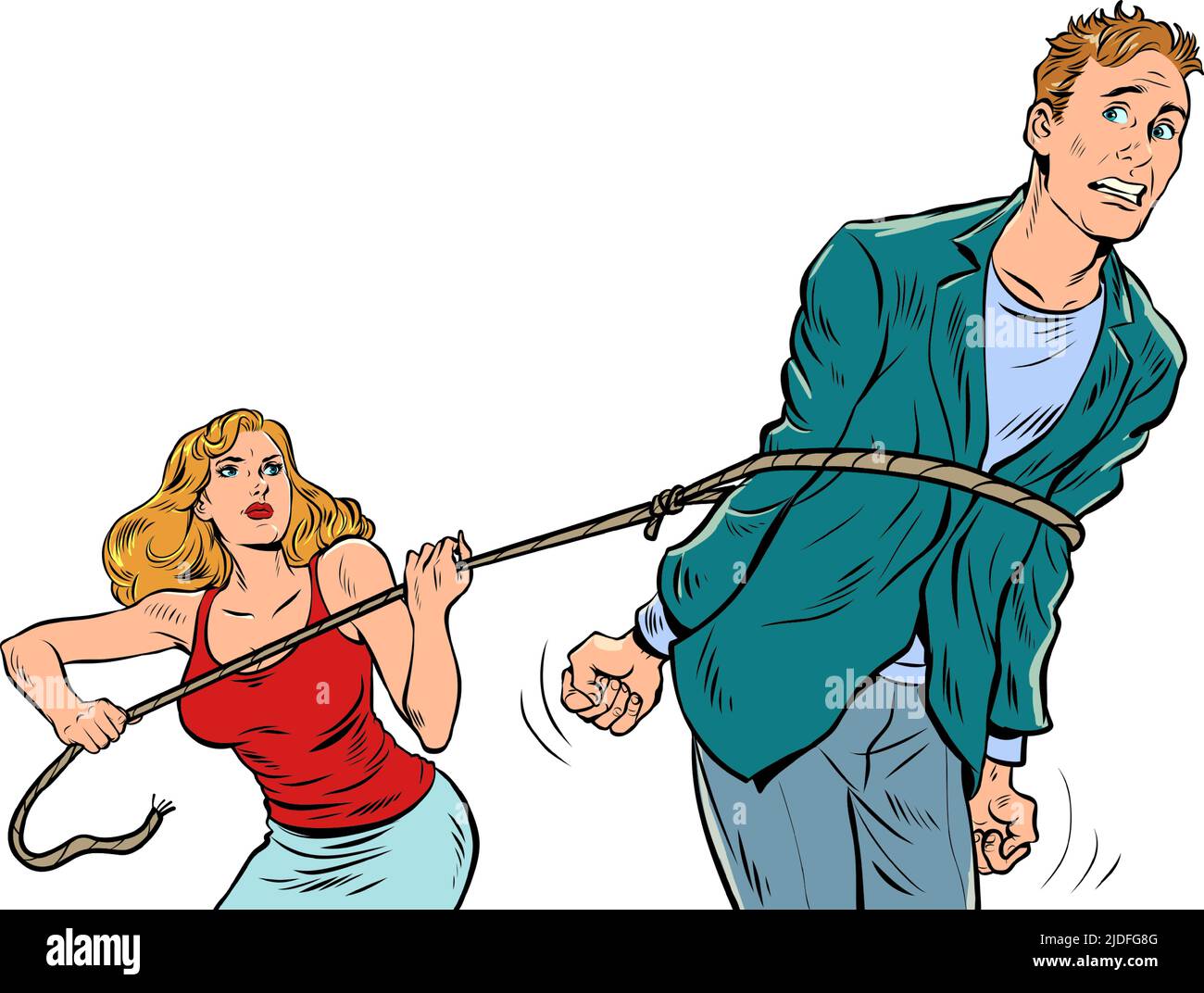 the woman lassoed the man, the girl threw a noose on the man and took him prisoner. Pop Art Retro Vector Illustration Kitsch Vintage 50s 60s Style Stock Vector
