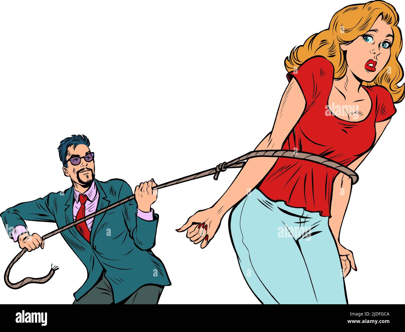 the man lassoed the woman, the husband threw a noose on his wife and took her prisoner. Pop Art Retro Vector Illustration Kitsch Vintage 50s 60s Style Stock Vector