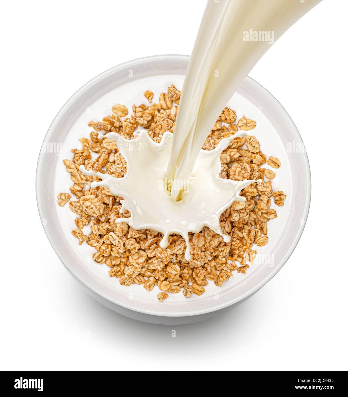Oat granola with milk isolated on white background, top view Stock Photo