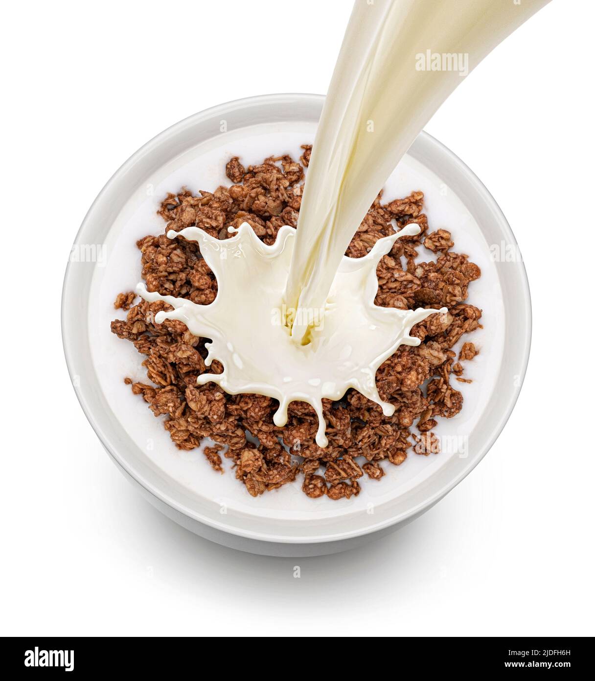 Chocolate granola with milk isolated on white background, top view Stock Photo
