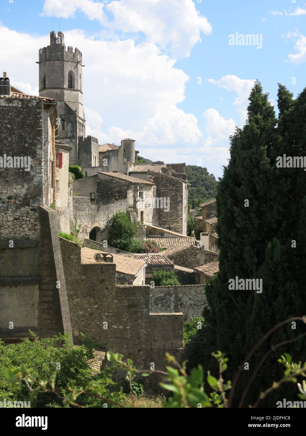 View from the St Vincent Cathedral over the rooftops and warren of narrow streets in Viviers, with historic buildings & the smallest city in France. Stock Photo