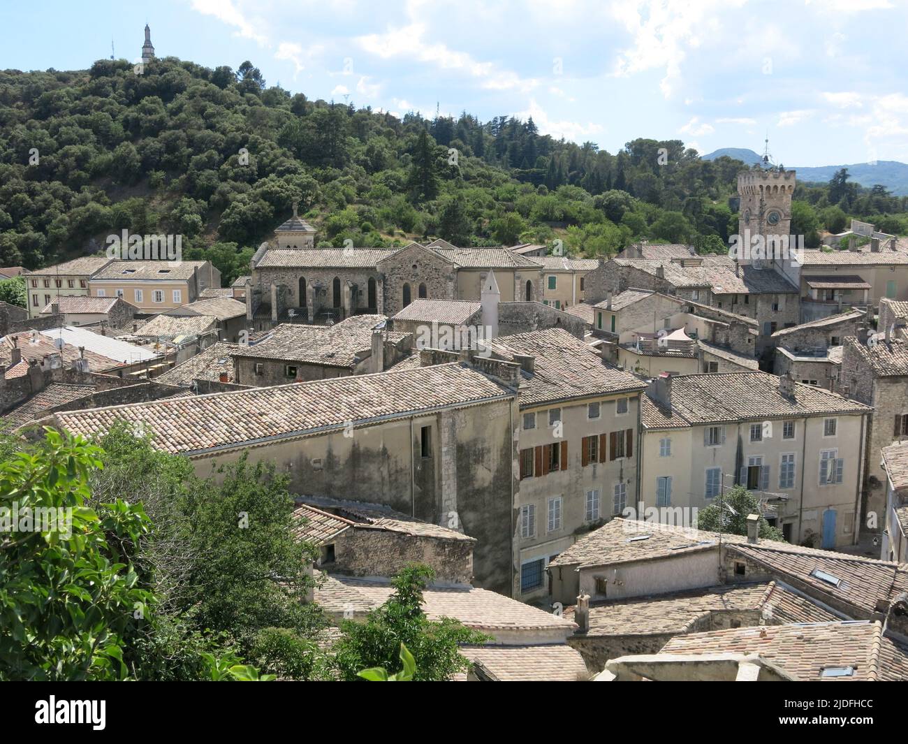 View from the St Vincent Cathedral over the rooftops and warren of narrow streets in Viviers, with historic buildings & the smallest city in France. Stock Photo