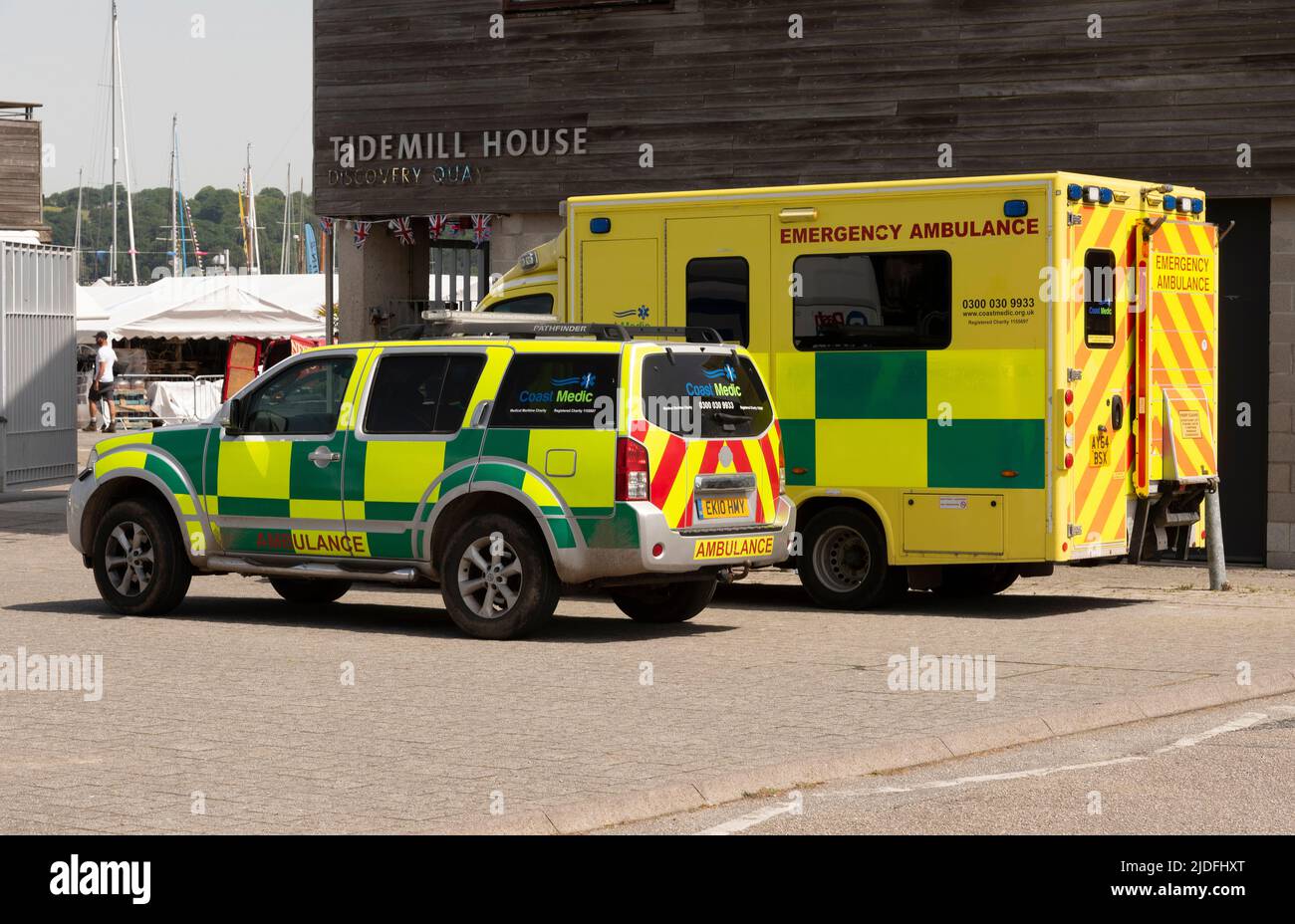 Falmouth Cornwall England UK. 2022. Emergency vehicles waiting on Discovery Quay on Falmouth's waterfront area. Stock Photo
