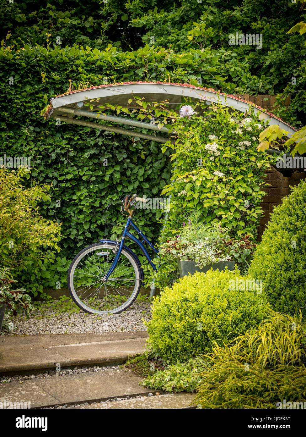 Domestic garden bike shelter with living roof at Harlow Carr Gardens in Harrogate. North Yorkshire. UK Stock Photo