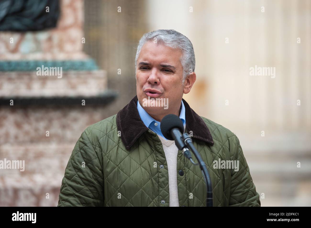 Colombian President Ivan Duque Marquez speaks to the media during the voting rally for the presidential runoffs between left-wing Gustavo Petro and In Stock Photo