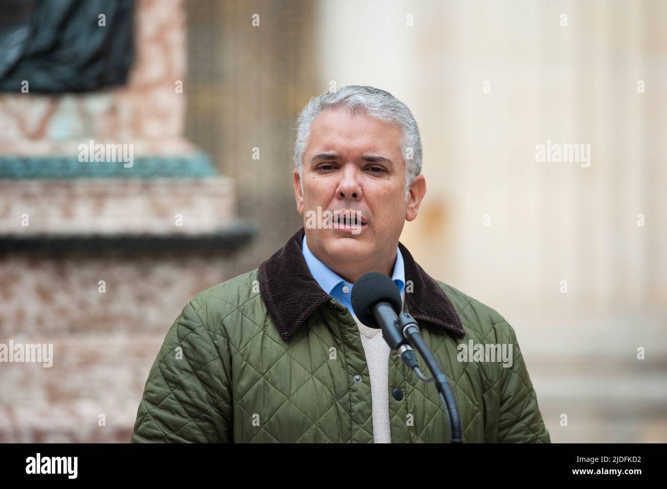 Colombian President Ivan Duque Marquez speaks to the media during the voting rally for the presidential runoffs between left-wing Gustavo Petro and In Stock Photo