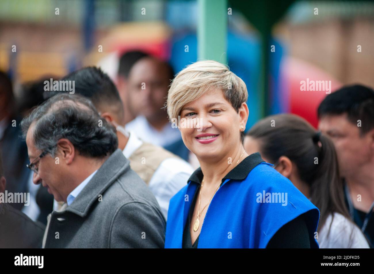 Veronica Alcocer wife of left-wing presidential Candidate Gustavo Petro follows him to vote during the voting rally for the presidential runoffs betwe Stock Photo