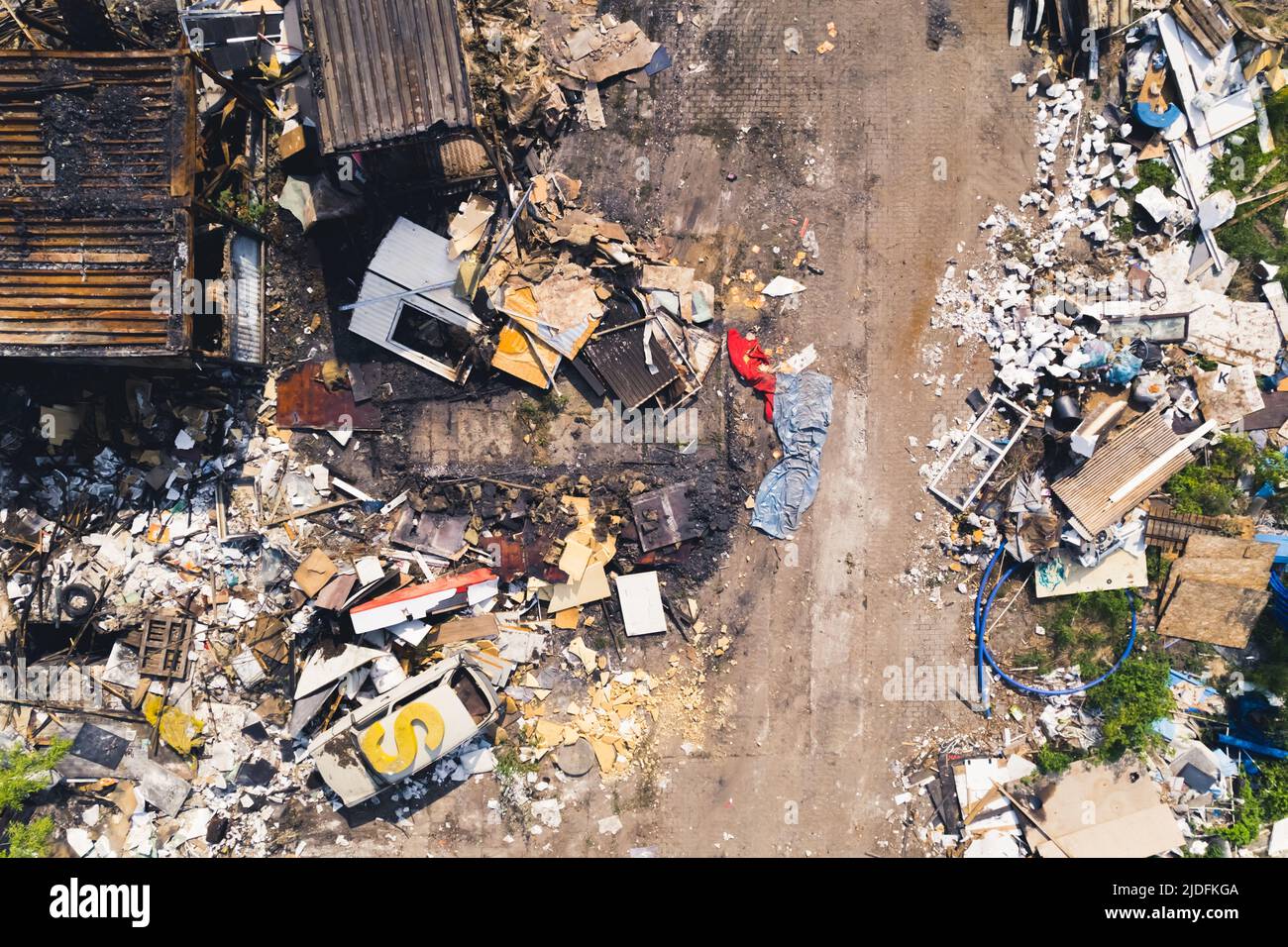 Wide drone shot from above of a filthy disorganised landfill. High quality photo Stock Photo
