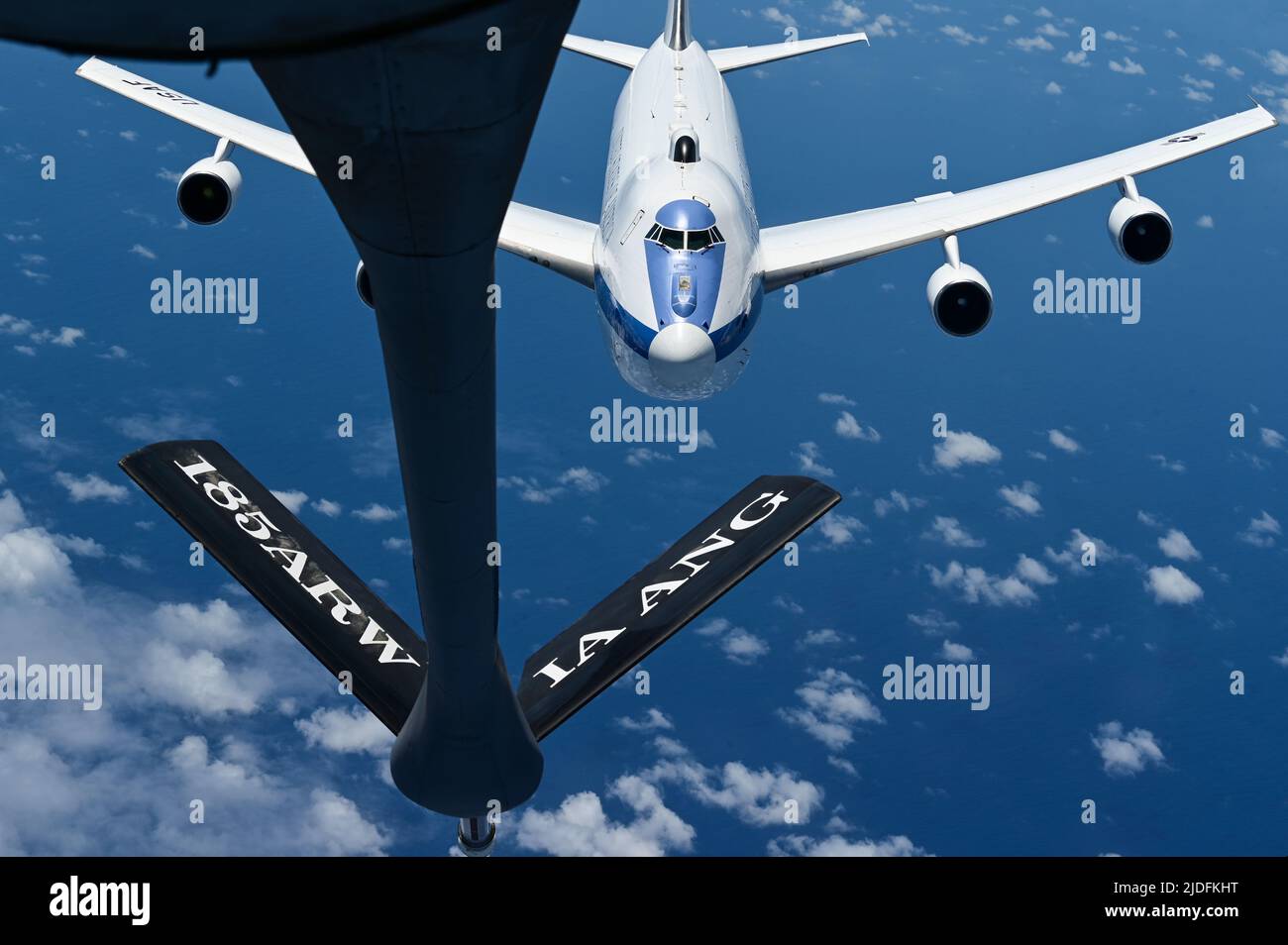 Secretary of Defense Lloyd J. Austin III's U.S. Air Force E-4B aircraft is refueled by KC-135 Stratotankers, assigned to the 50th Expeditionary Air Refueling squadron and the 340th Expeditionary Air Refueling squadron within the CENTCOM area of responsibility.(U.S. Air Force photo by Staff Sgt. Ashley Sokolov) Stock Photo