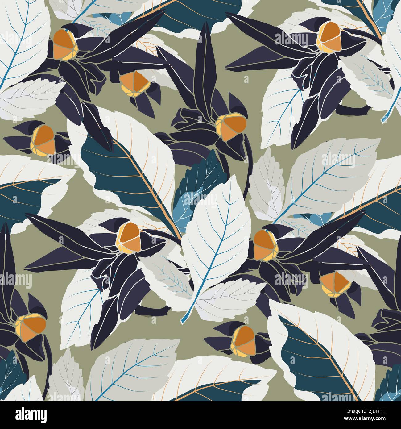 Vector floral seamless pattern. Illustration with leaves and buds isolated on an olive colored background. Stock Vector