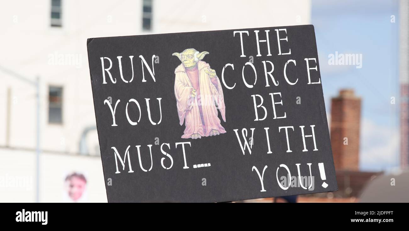 Brooklyn, New York,USA - November 3. 2019: Sign at NYC Marathon with drawing of Yoda and saying Stock Photo