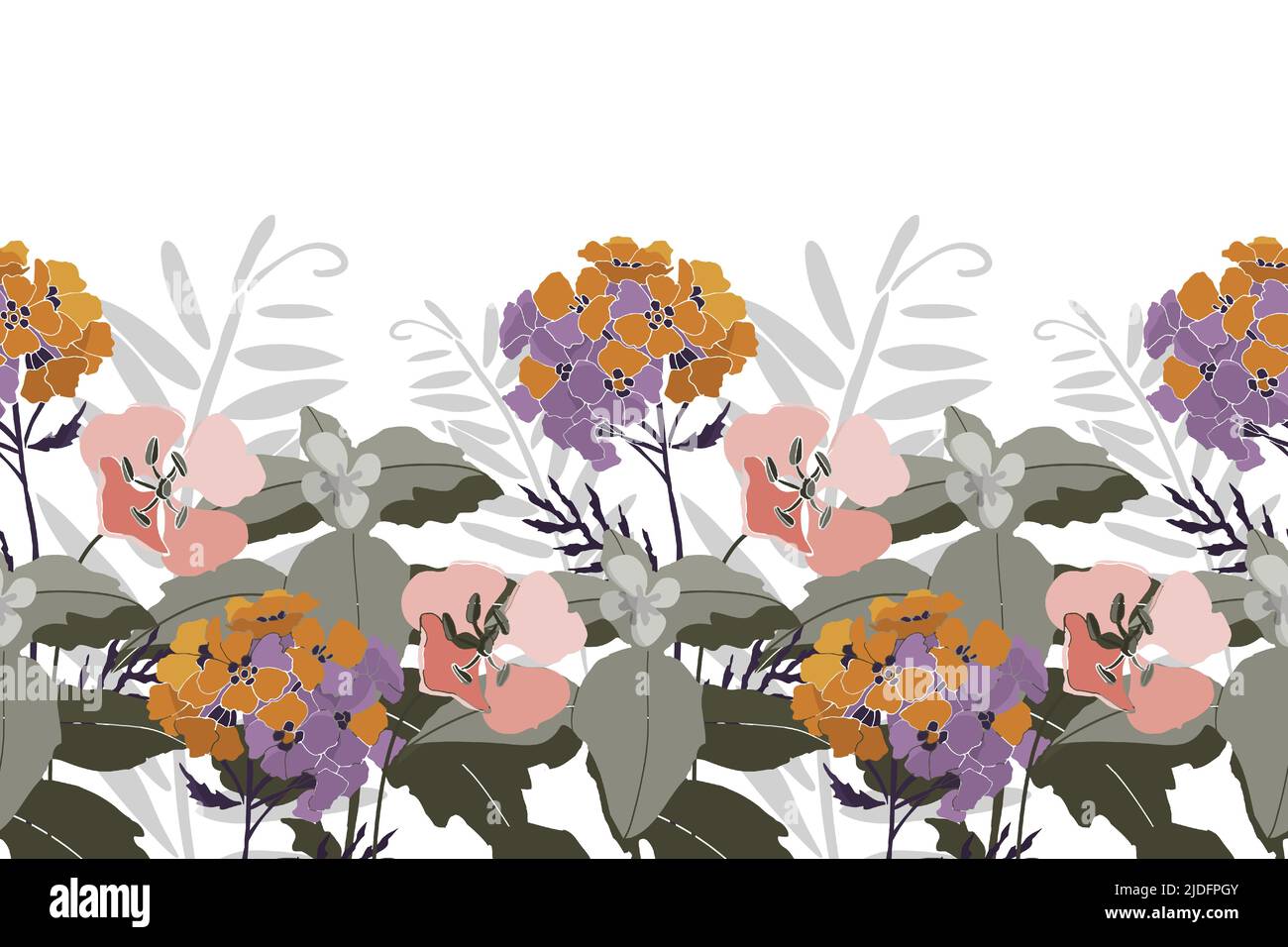Vector floral seamless pattern, border. Horizontal panoramic design with meadow flowers and herbs on a white background. Stock Vector