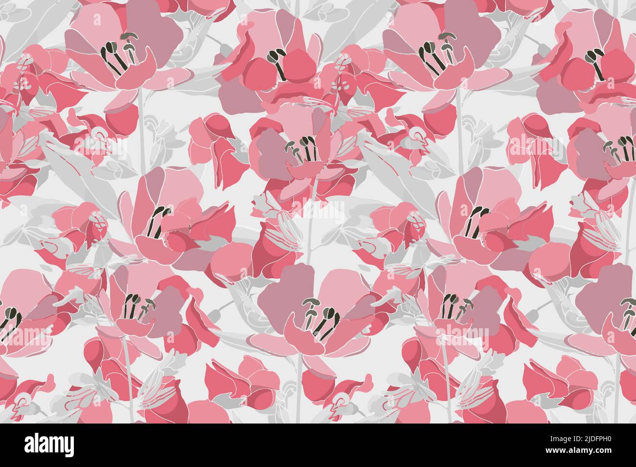 Vector floral seamless pattern. Pink flowers, gray leaves and twigs on