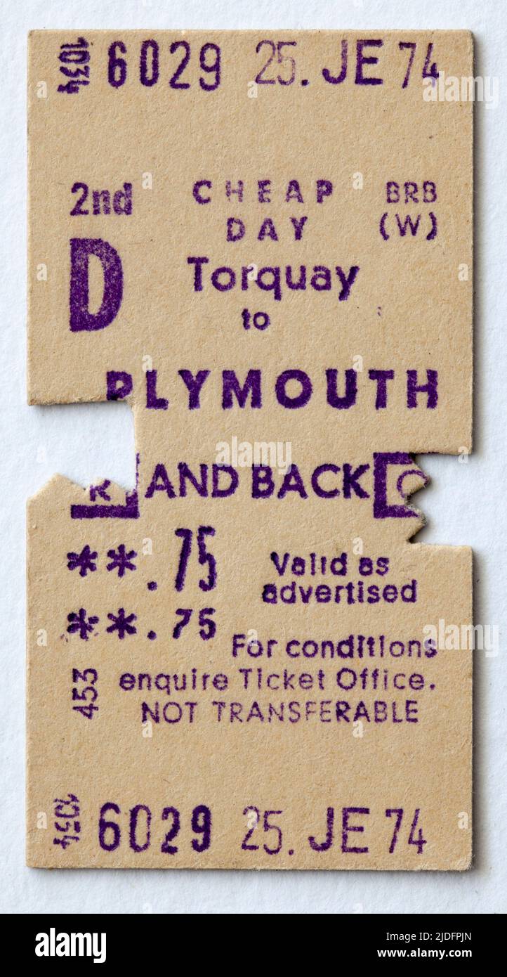 1970s British Rail Train Ticket Torquay to Plymouth Stock Photo