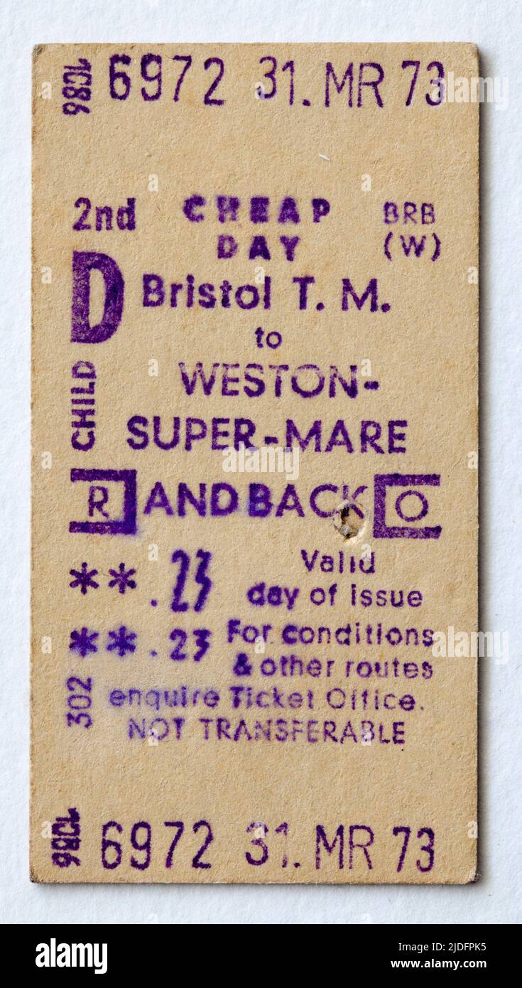 1970s British Rail Train Ticket Bristol to Weston Super Mare Stock Photo