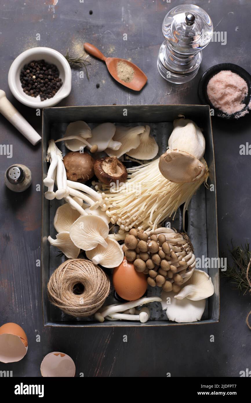 Various Raw Mushroom Types Portobello Mushrooms, Champignons, Shimeji