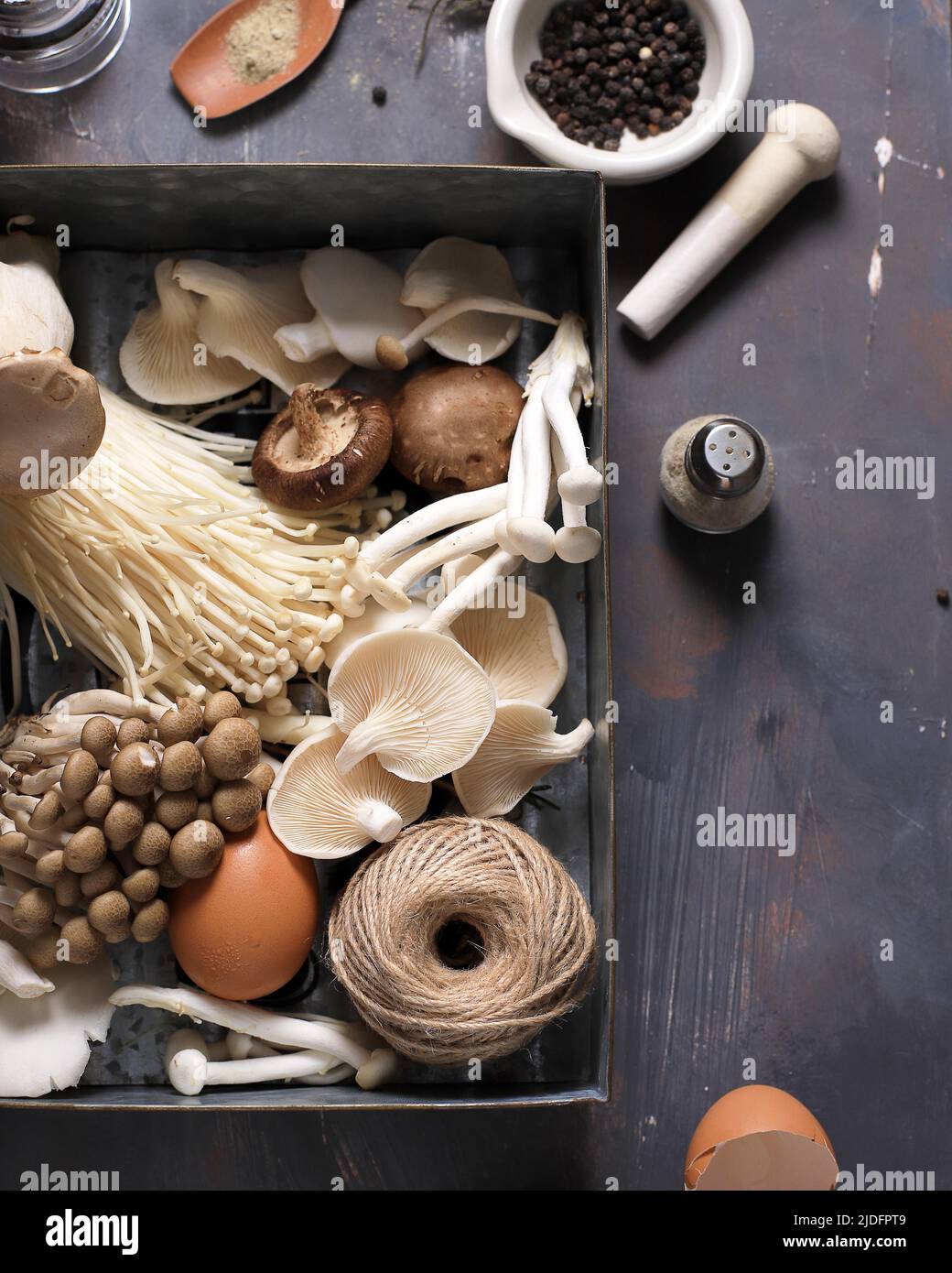 Various Raw Mushroom Types Portobello Mushrooms, Champignons, Shimeji