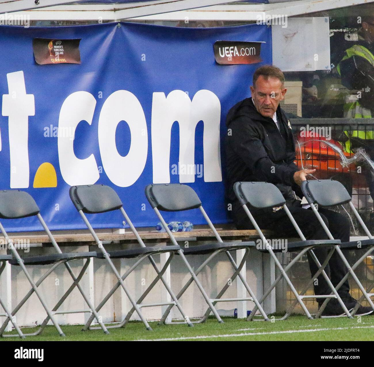 UEFA European Women's Championship 2021. 30 Aug 2019. Northern Ireland 0 Norway 6 at Seaview, Belfast. Northern Ireland Women's International football manager Kenny Shiels in the technical area before kick-off. Stock Photo