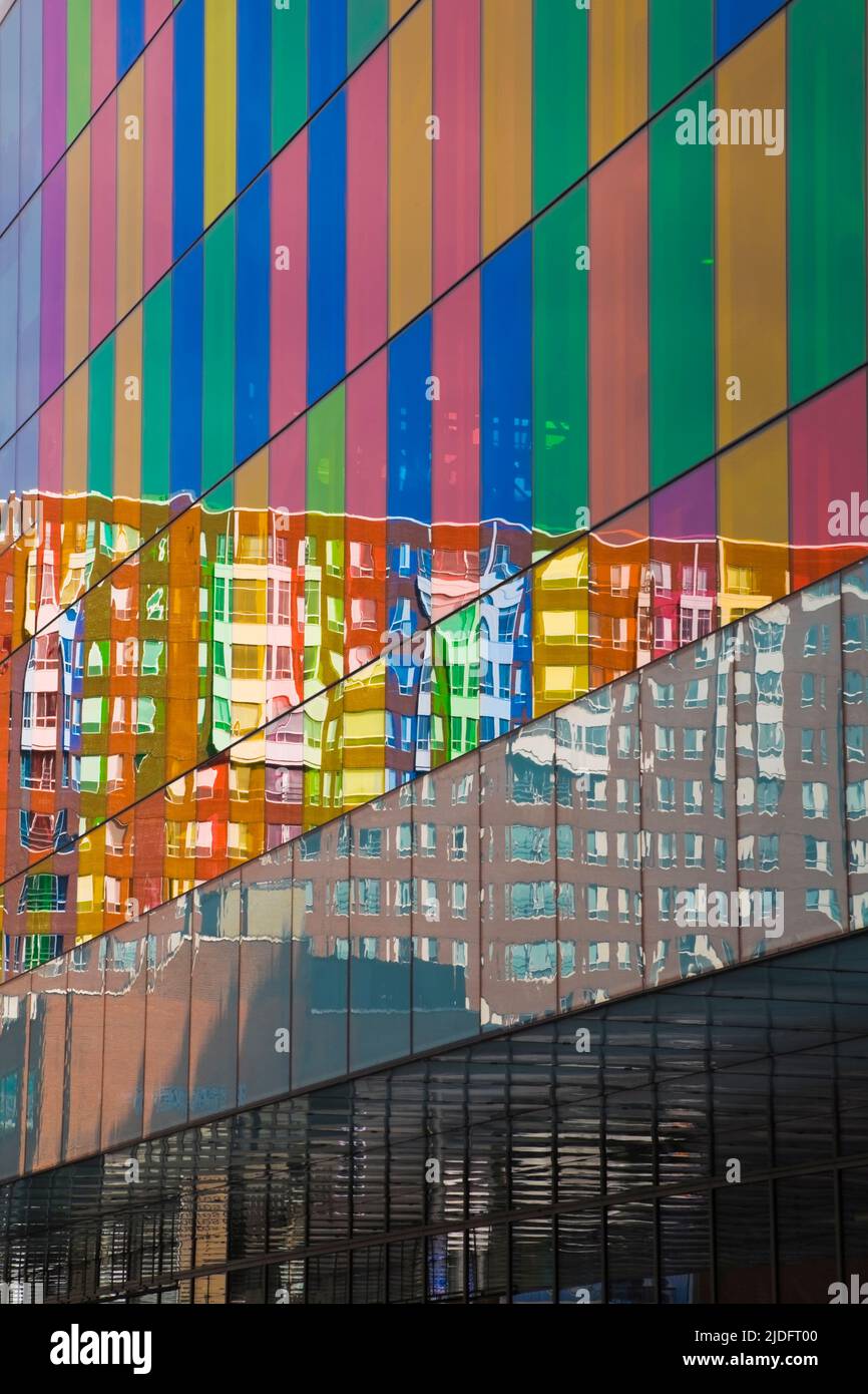 Building reflected in colored glass windows of the Palais des Congres